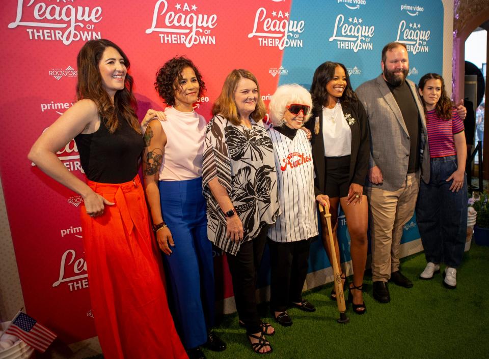 From left, D'Arcy Carden, Desta Tedros Reff, Megan Cavanagh, Maybelle Blair, Chante Adams, Will Graham and Abbi Jacobson, actors and creators of Amazon Prime's series "A League of Their Own."