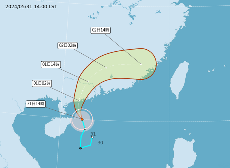 輕度颱風馬力斯預估路徑。（圖取自中央氣象署網站）