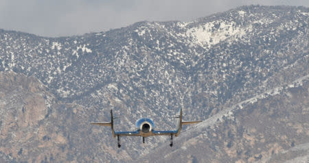 The SpaceShipTwo VSS Unity passenger craft makes its final approach for a landing at Mojave Air and Space Port in Mojave, California, U.S., February 22, 2019. REUTERS/Gene Blevins