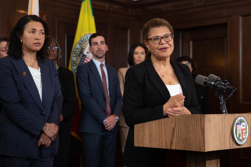 LOS ANGELES, CA - APRIL 18: Los Angeles Mayor Karen Bass, accompanied with her team, presents her first City budget during a press conference at City Hall on Tuesday, April 18, 2023 in Los Angeles, CA. (Irfan Khan / Los Angeles Times)