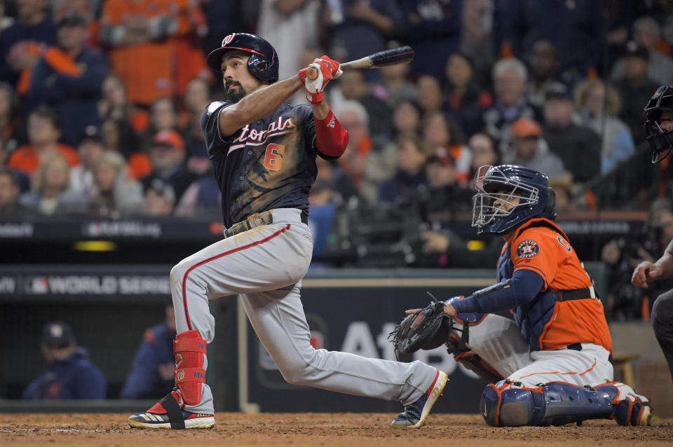 HOUSTON, TEXAS - OCTOBER 30: Washington Nationals third baseman Anthony Rendon (6) hits a home run in the seventh inning during Game 7 of the World Series between the Washington Nationals and the Houston Astros at Minute Maid Park on Wednesday, October 30, 2019. (Photo by John McDonnell/The Washington Post via Getty Images)