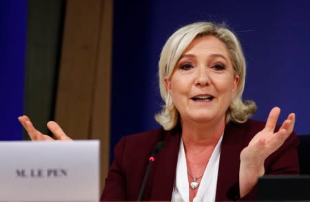 French far-right National Rally party leader Le Pen addresses a news conference at the EU Parliament in Brussels