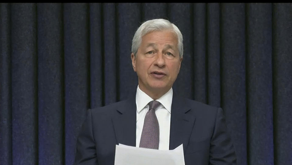 This image from video provided by the Senate Banking Committee shows JPMorgan Chase CEO Jamie Dimon testifying virtually to the Senate Banking Committee Wednesday, May 26, 2021. (Senate Banking Committee via AP)