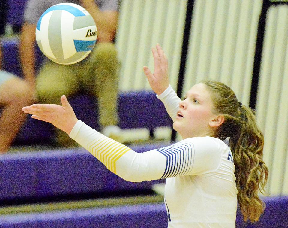 Watertown's Grace Corey gets ready to serve the ball during the Arrows' 3-0 high school volleyball victory over Brookings Thursday night in the Civic Arena.