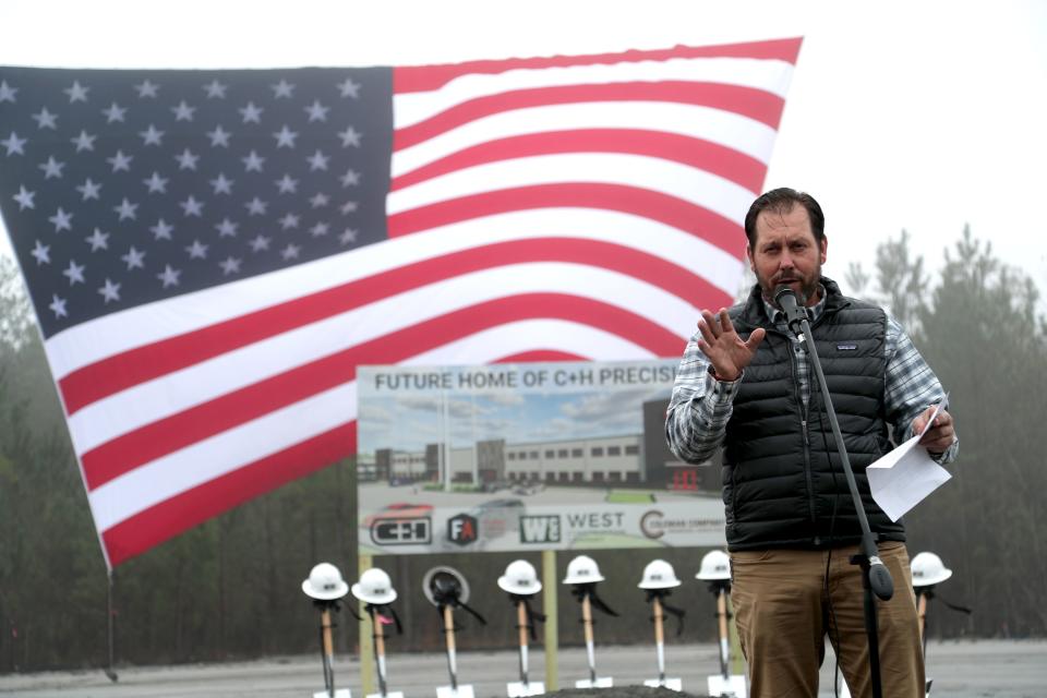 Buck Holly, owner C&H Precision, speaks during a ceremonial groundbreaking for the expansion of C&H Precision in Richmond Hill on Monday, March 4, 2024.