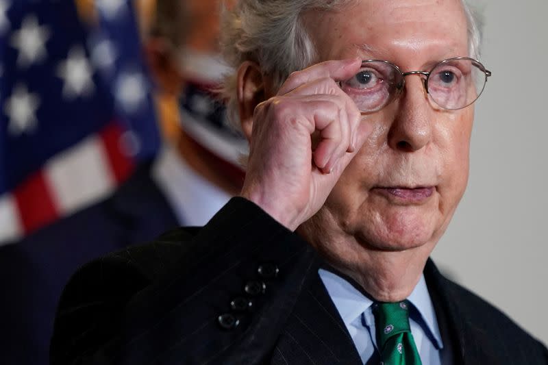 Senate Majority Leader Mitch McConnell (R-KY) speaks to journalists in Washington