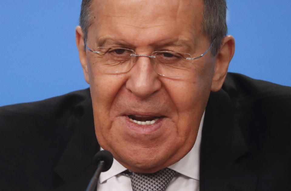 Russian Foreign Minister Sergey Lavrov speaks during his annual news conference in Moscow, Russia, Friday, Jan. 14, 2022. (Maxim Shipenkov/Pool Photo via AP)