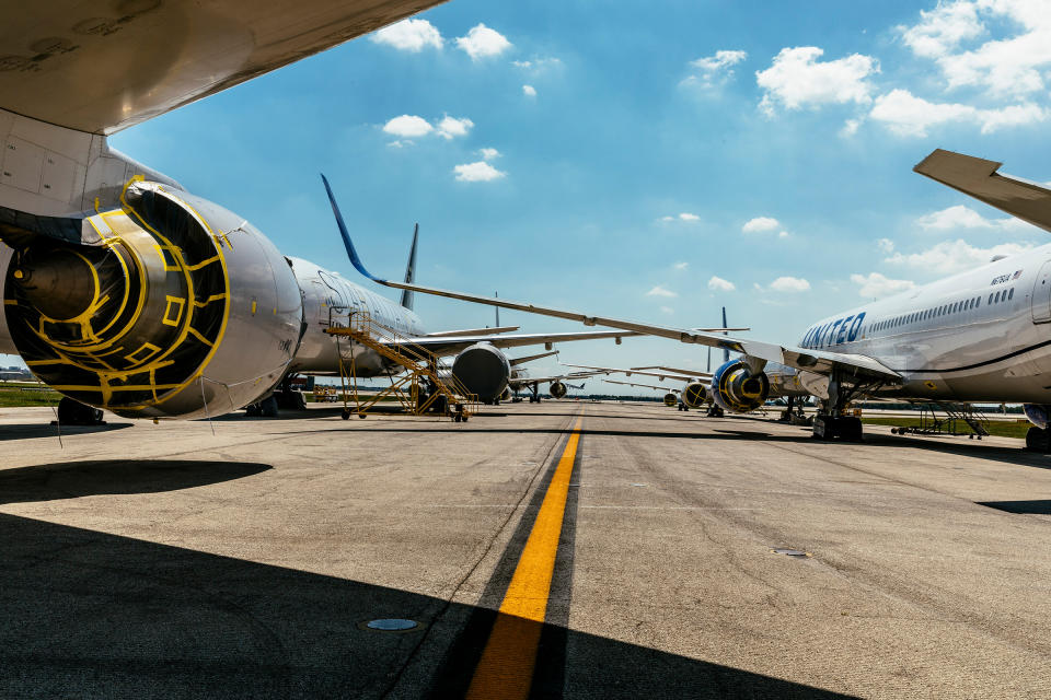 United Airlines planes in storage at O'Hare International Airport in Chicago on Sept. 11, 2020.<span class="copyright">Lucy Hewett—The New York Times/Redux</span>