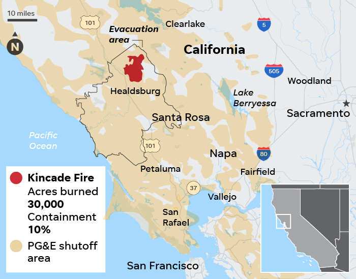 SOURCE fire.ca.gov, as of 1 p.m. ET, Oct. 27; Pacific Gas & Electric; maps4news.com/©HERE