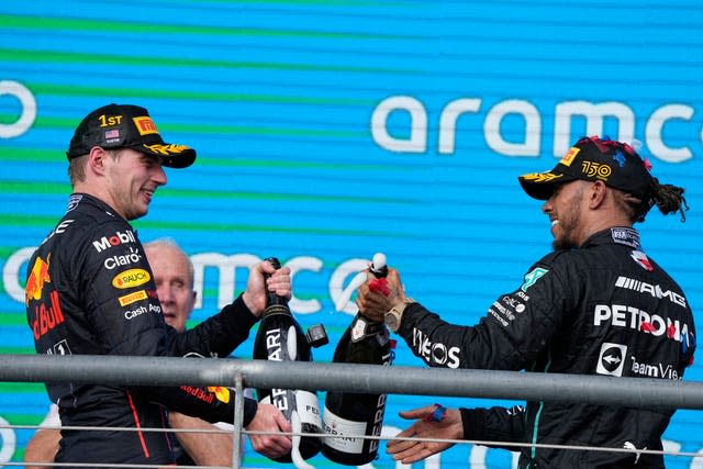 Formula One champion Max Verstappen (left) and Lewis Hamilton after the United States Grand Prix (Charlie Neibergall/AP).