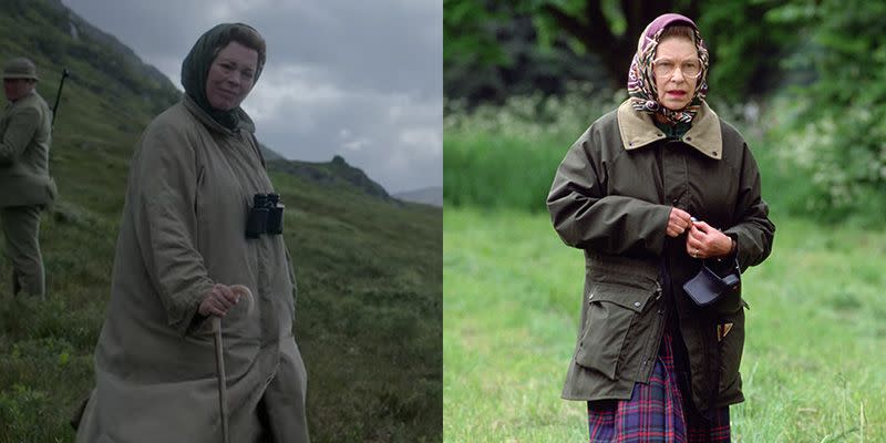 <p>Queen Elizabeth's off duty look is about as predictable as it comes, but important to get right. <em>The Crown </em>managed to recreate her rain coat, headscarf, and plaid skirt look flawlessly in season 4, even including the Queen's trusted binoculars. </p>