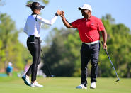 <p>Lydia Ko celebrates with Alfonso Ribeiro after a putt on the eighth green during the 2022 Hilton Grand Vacations Tournament of Champions on Jan. 20 in Orlando.</p>