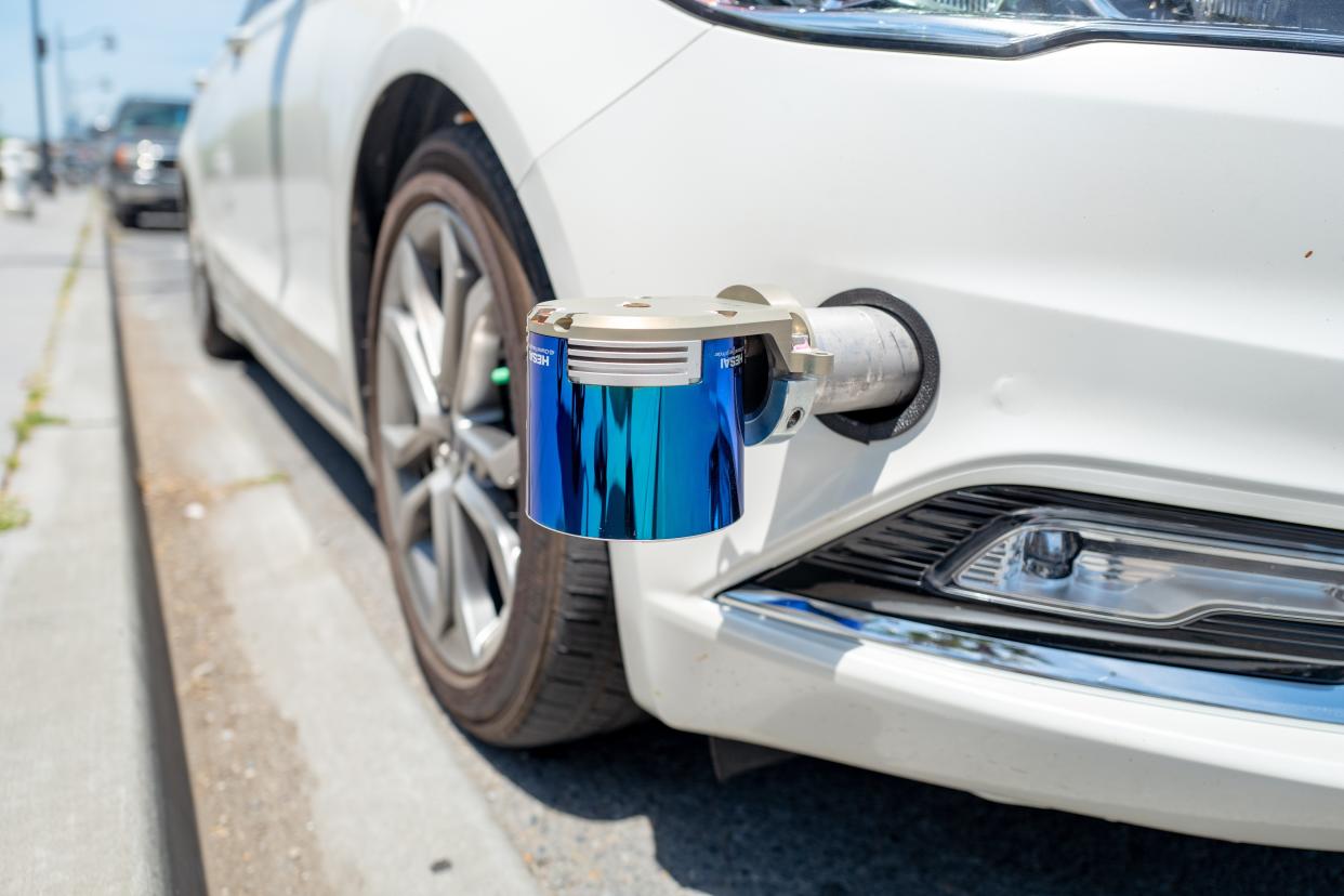 Close-up of bumper of self-driving car, with HESAI 40 channel Lidar sensor visible. (Photo by Smith Collection/Gado/Sipa USA)