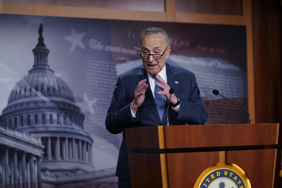 Senate Majority Leader Chuck Schumer, D-N.Y., speaks to reporters after final votes going into the Memorial Day recess, at the Capitol in Washington, Friday, May 28, 2021. Senate Republicans successfully blocked the creation of a bipartisan commission to study the Jan. 6 attack on the Capitol by rioters loyal to former President Donald Trump. (AP Photo/J. Scott Applewhite)