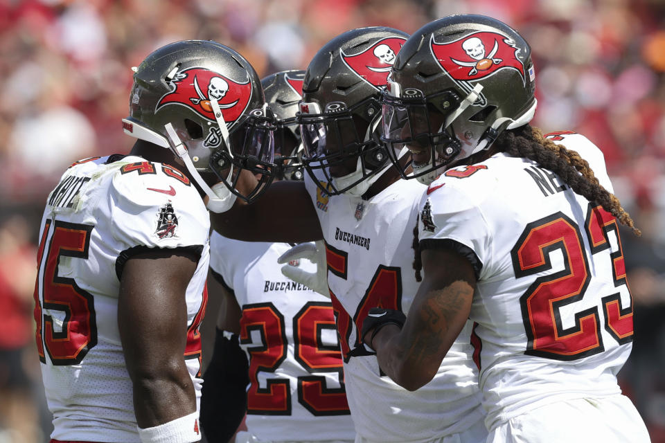 Tampa Bay Buccaneers linebacker Lavonte David (54) celebrates a defensive play against the Atlanta Falcons during the first half of an NFL football game, Sunday, Oct. 22, 2023, in Tampa, Fla. (AP Photo/Mark LoMoglio)