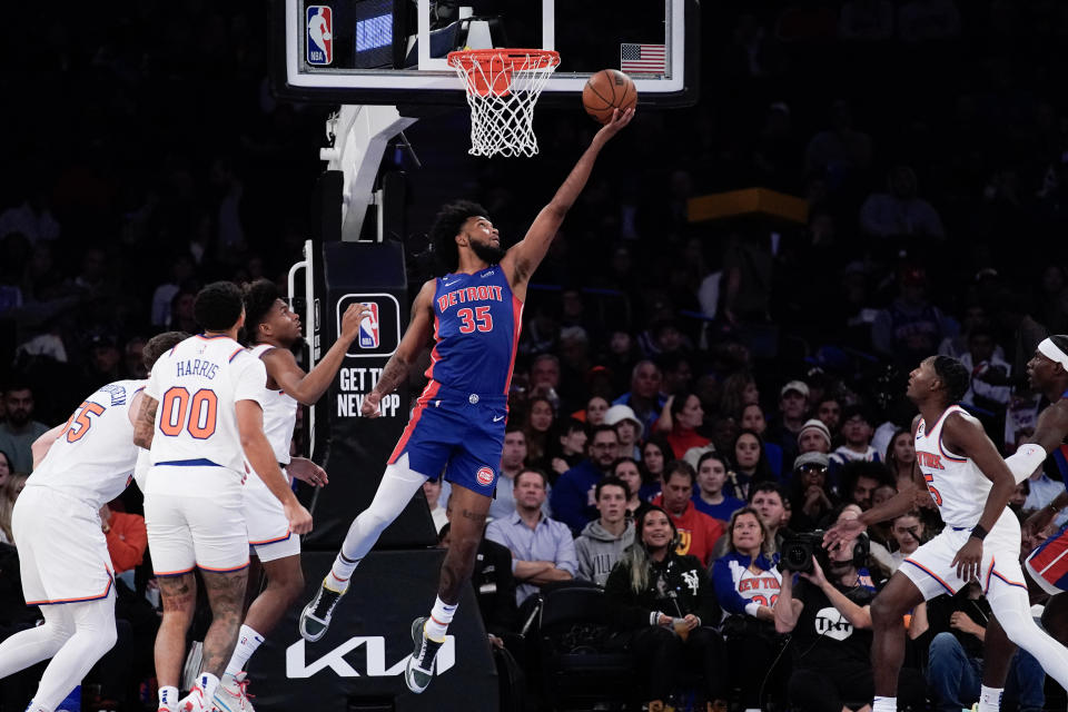 Detroit Pistons forward Marvin Bagley III (35) attempts a layup during the second half of the team's preseason NBA basketball game against the New York Knicks, Tuesday, Oct. 4, 2022, in New York. (AP Photo/Julia Nikhinson)