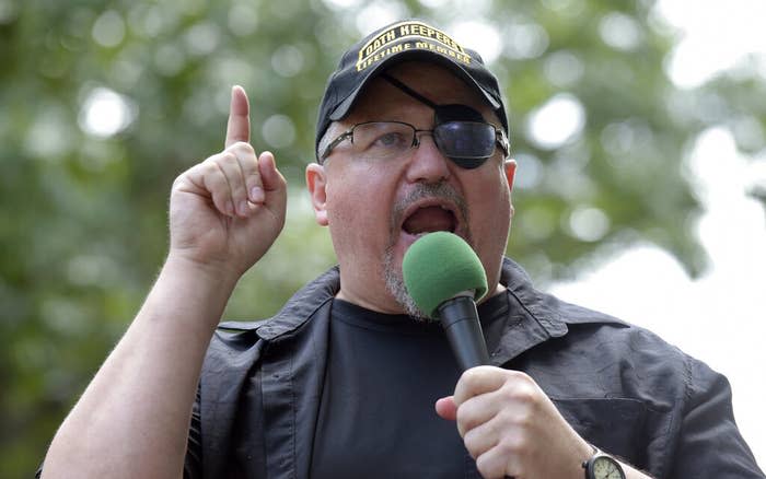 Stewart Rhodes, founder of the Oath Keepers, speaks during a rally outside the White House in June 2017.