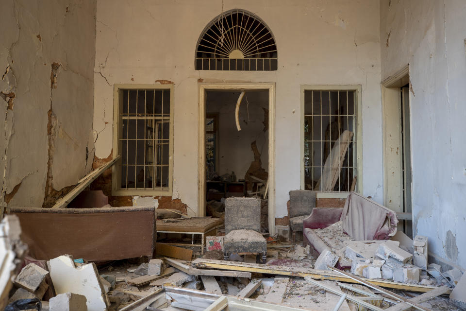 A destroyed room of a building near the site of last week's explosion is seen in Beirut, Lebanon, Wednesday, Aug. 12, 2020. (AP Photo/Hassan Ammar)