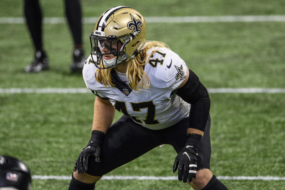 New Orleans Saints middle linebacker Alex Anzalone (47) lines up during the second half of an NFL football game against the <a class="link " href="https://sports.yahoo.com/nfl/teams/atlanta/" data-i13n="sec:content-canvas;subsec:anchor_text;elm:context_link" data-ylk="slk:Atlanta Falcons;sec:content-canvas;subsec:anchor_text;elm:context_link;itc:0">Atlanta Falcons</a>, Sunday, Dec. 6, 2020, in Atlanta. The New Orleans Saints won 21-16. (AP Photo/Danny Karnik)