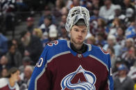 Colorado Avalanche goaltender Alexandar Georgiev waits for play to resume during the second period of Game 3 of the team's NHL hockey Stanley Cup playoff series against the Dallas Stars on Saturday, May 11, 2024, in Denver. (AP Photo/David Zalubowski)
