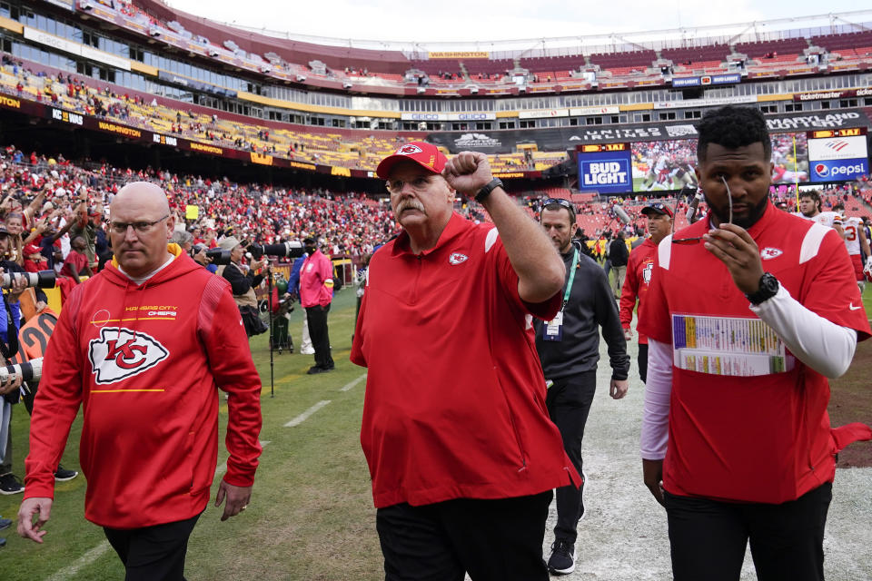 Kansas City Chiefs head coach Andy Reid gestures towards fans as he walks off the field at the end of an NFL football game against the Washington Football Team, Sunday, Oct. 17, 2021, in Landover, Md. Chiefs won 31-13. (AP Photo/Alex Brandon)