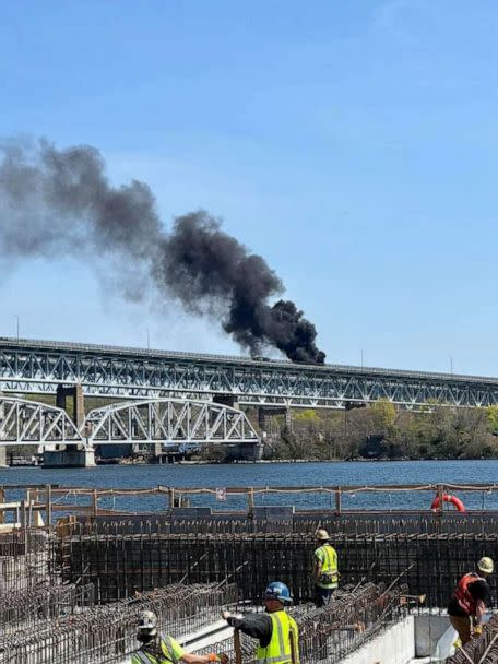 PHOTO: The Gold Star Bridge in Groton, Conn., is shut down after a fuel tanker truck rolled over, on April 21, 2023. (Connecticut State Police)