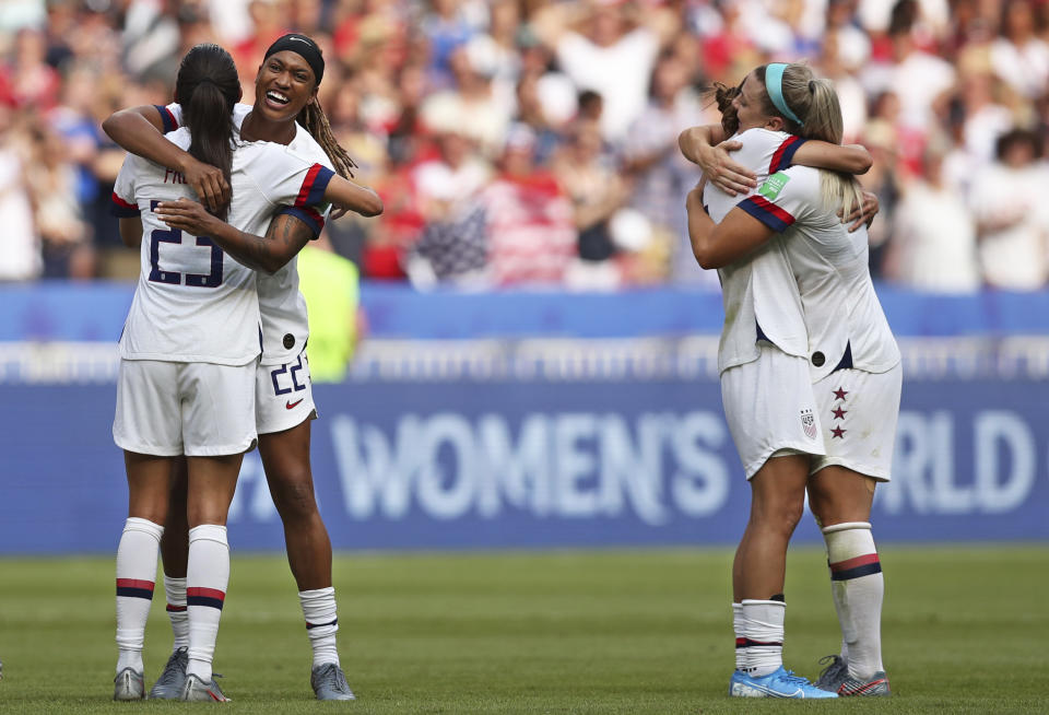 The United States players celebrate at the end of the Women's World Cup final soccer match between US and The Netherlands at the Stade de Lyon in Decines, outside Lyon, France, Sunday, July 7, 2019. The US defeated the Netherlands 2-0. (AP Photo/Francisco Seco)