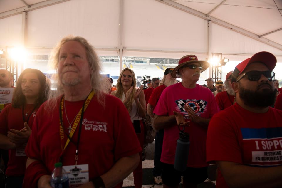 Supporters for the deal with Bristol Motor Speedway and the Nashville Fairgrounds Speedway congregate for a rally at the Nashville Fairgrounds Speedway in Nashville , Tenn., Tuesday, July 25, 2023.