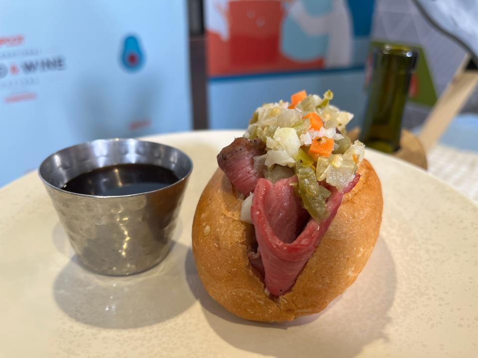Italian hot beef sandwich with shaved beef, spicy giardiniera and au jus on a French roll will be available in the Flavors of America during the 2023 Epcot International Food and Wine Festival.