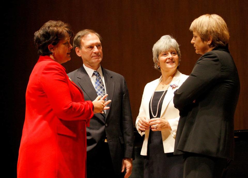 Senator Alice Forgy Kerr, left, and Judge Mary Noble, right, spoke with Judge Samuel Alito and Martha-Ann Alito in Britain on Saturday.