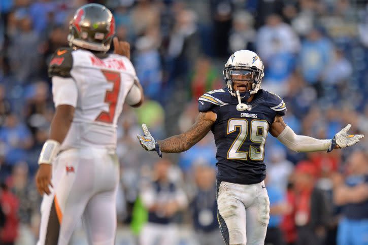 Dec 4, 2016; San Diego, CA, USA; San Diego Chargers cornerback Craig Mager (29) has words with Tampa Bay Buccaneers quarterback Jameis Winston (3) during the fourth quarter at Qualcomm Stadium. Mandatory Credit: Jake Roth-USA TODAY Sports