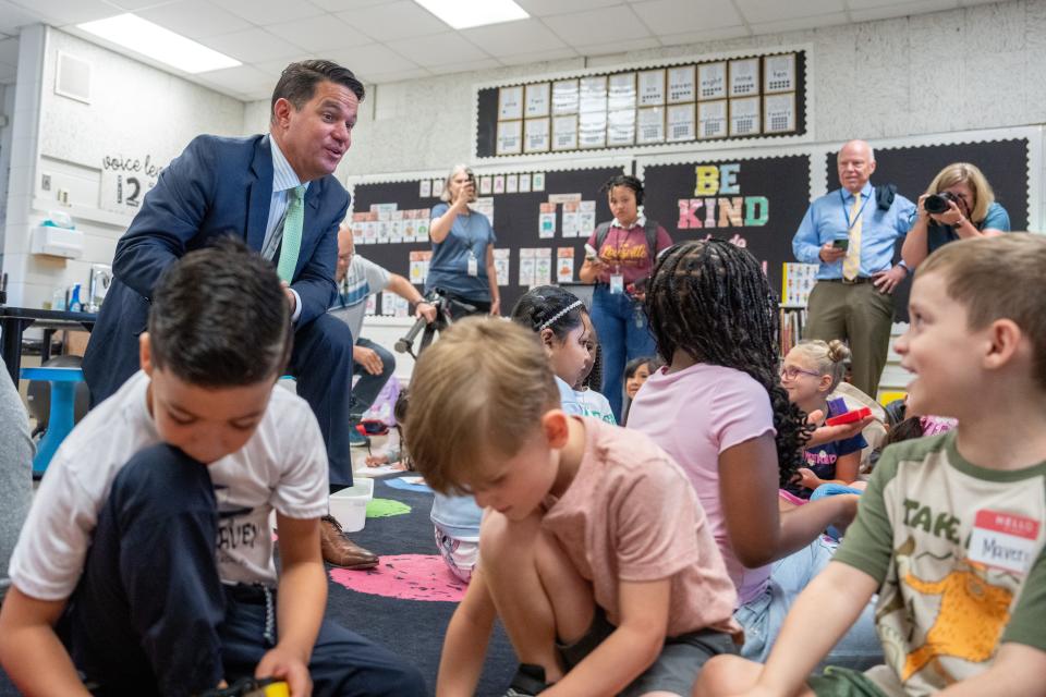 Superintendent Marty Pollio talks to first graders on the first day of classes on Thursday, Aug. 8, 2024 at Gutermuth Elementary School in Louisville, Ky.