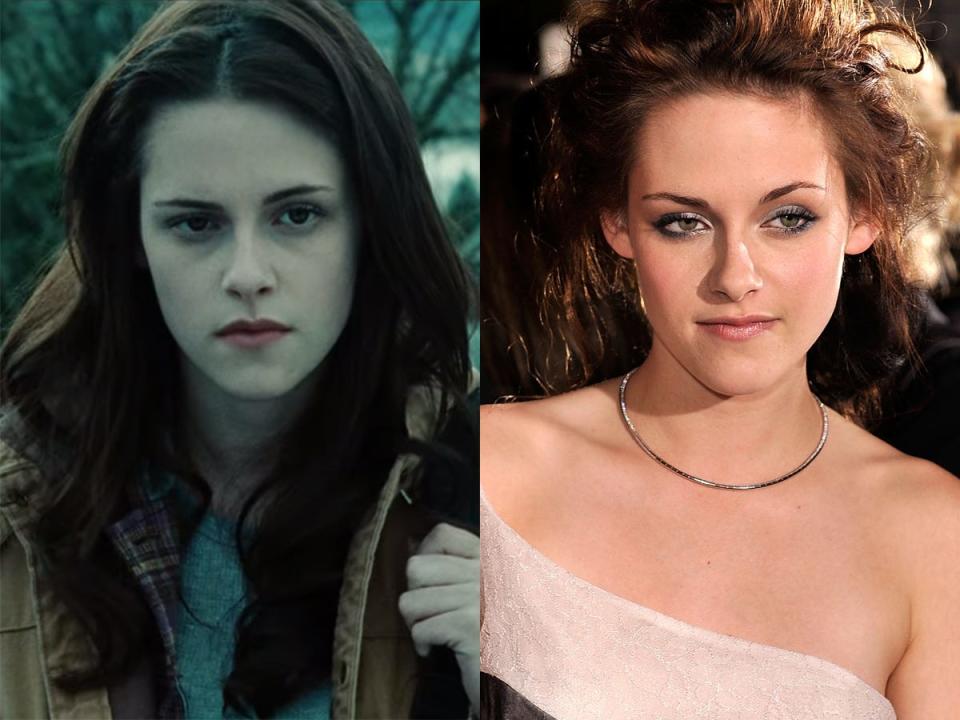 Left: Kristen Stewart as Bella in "Twilight." Right: Stewart at the LA premiere of "Twilight" in November 2008.