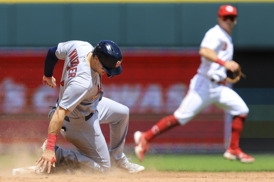St. Louis Cardinals' Andrew Knizner steals second base during the ninth inning of a baseball game against the Cincinnati Reds in Cincinnati, Thursday, May 25, 2023. (AP Photo/Aaron Doster)