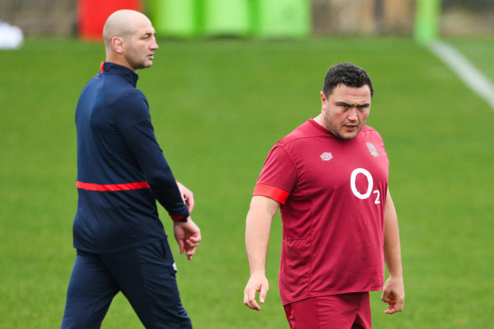 GIRONA, SPAIN - JANUARY 29: Steve Borthwick, Head coach of England, and Jamie George, Captain of England, look on during a training session at Camiral Golf & Wellness on January 29, 2024 in Girona, Spain. (Photo by David Ramos - RFU/The RFU Collection via Getty Images )