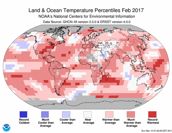 February 2017 land and ocean temperature percentiles,