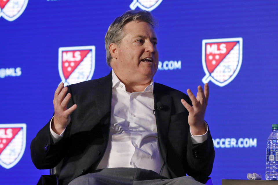 Los Angeles FC lead owner Larry Berg gestures during an interviewed at the Major League Soccer 25th Season kickoff event in New York, Wednesday, Feb. 26, 2020. (AP Photo/Richard Drew)