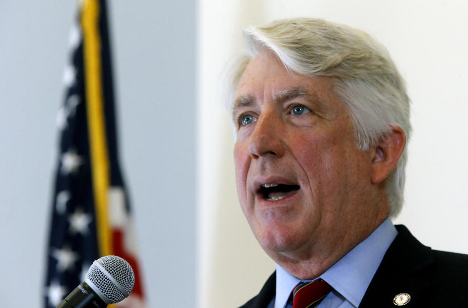 FILE - In this Oct. 24, 2018 file photo, Virginia Attorney General Mark Herring announces a new Clergy Abuse Hotline his office is launching as he addressed a press conference at his office in Richmond, Va. Herring admitted to wearing blackface decades ago. In a statement issued Wednesday, Feb. 6, 2019, Herring said he wore brown makeup and a wig in 1980 to look like a black rapper during a party as an undergraduate at the University of Virginia. (Bob Brown/Richmond Times-Dispatch via AP, File)