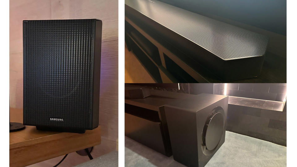 Trio of images showing each component of the Samsung HW-Q990D soundbar including the main bar, a rear speaker and the subwoofer