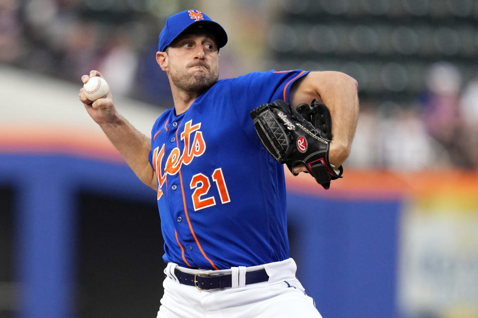 FILE - New York Mets' Max Scherzer (21) pitches during the first inning of a baseball game against the Milwaukee Brewers Thursday, June 29, 2023, in New York. (AP Photo/Frank Franklin II, File)