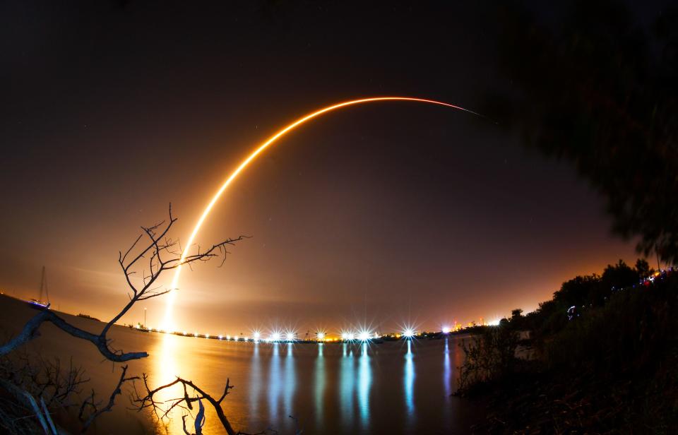 This is a 155 second time exposure of the SpaceX Falcon 9 rocket launching from Cape Canaveral Air Force Station's Launch Complex 40, Feb. 21, 2019.  The rocket is carrying an Indonesian Nusantara Satu communications satellite and a secondary payload, the SpaceIL and Israel Aerospace Industries lunar lander named Beresheet, or "in the beginning" in Hebrew. That lander will will take about two months to reach lunar orbit before attempting to touch down on the moon.