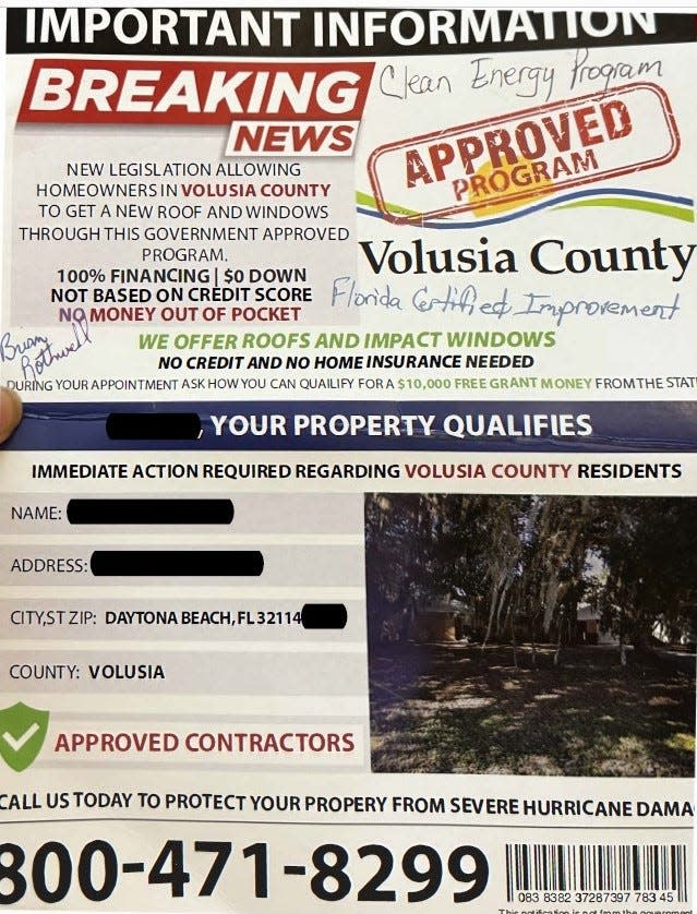 A mailer advertises the property assessed clean energy program in Florida, also known as the PACE program. It shows a Volusia County government logo but mentions in small print at the bottom that the business is not government-affiliated.