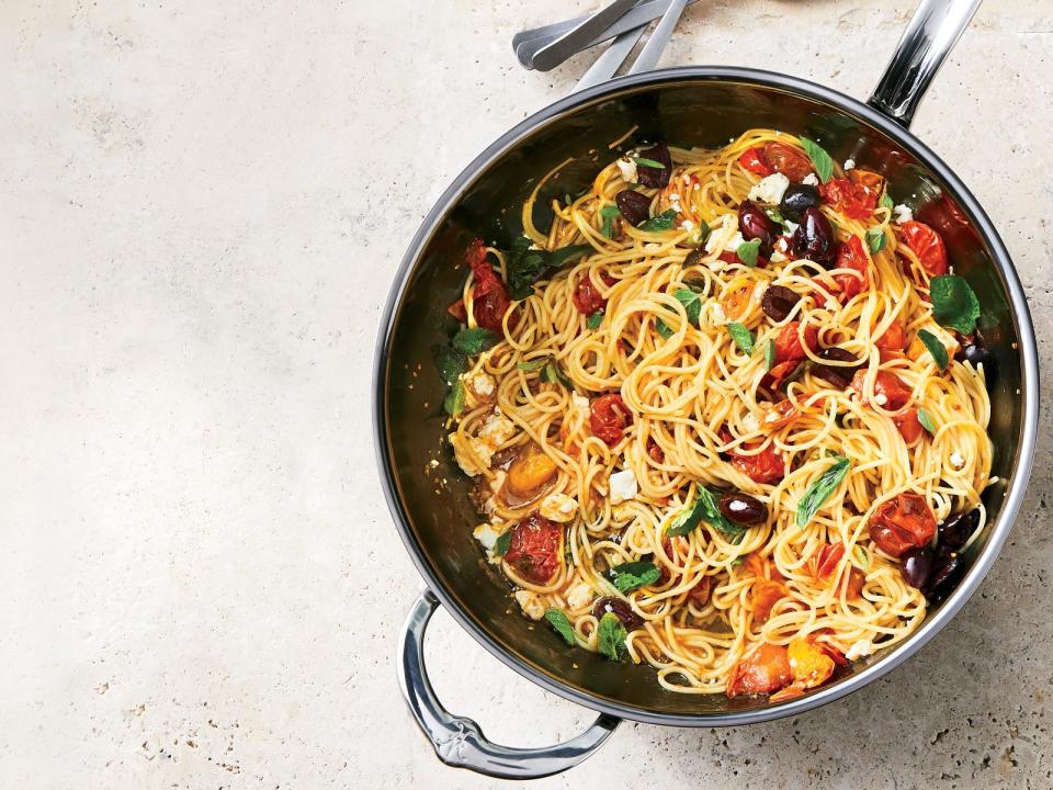 Thin Spaghetti with Tomatoes, Kalamata Olives, Feta, and Mint