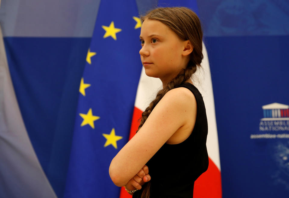 Swedish environmental activist Greta Thunberg leaves after a debate with French parliament members at the National Assembly in Paris, France, July 23, 2019.  REUTERS/Philippe Wojazer