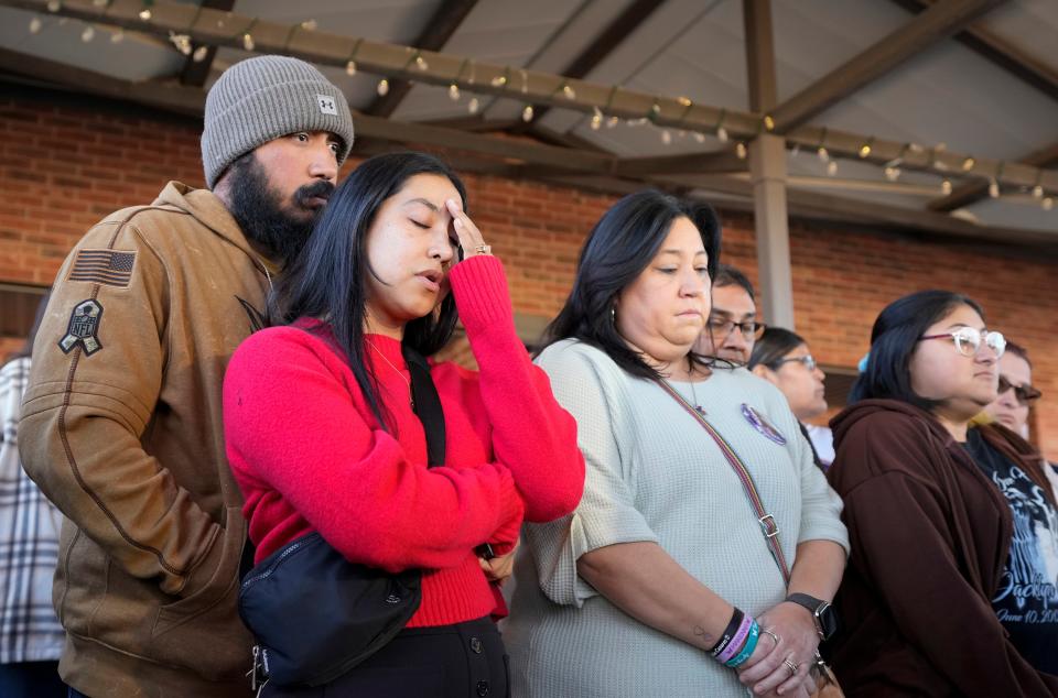 Kimberly Rubio, mother of Robb Elementary shooting victim Lexi Rubio, sighs after speaking at a news conference Thursday in Uvalde about the Justice Department's new report on the 2022 attack and its aftermath.