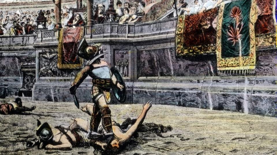 Ilustración de un gladiador romano en el coliseo