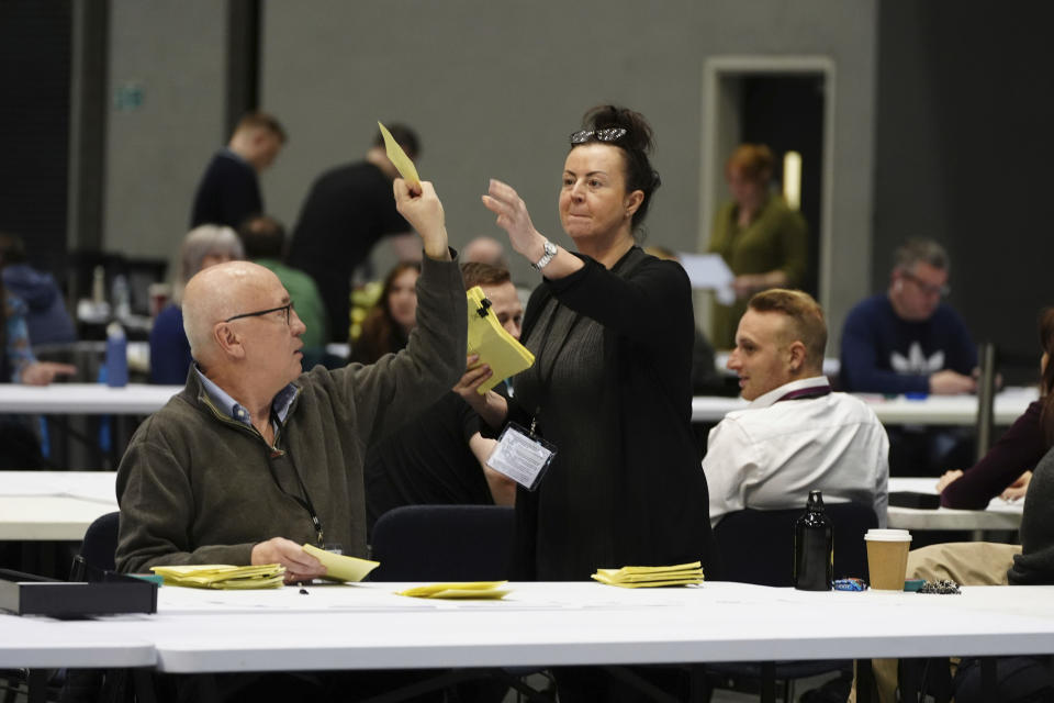 Counting starts for the Manchester Mayoral election at Manchester Central, England, Saturday May 4, 2024. (Peter Byrne/PA via AP)