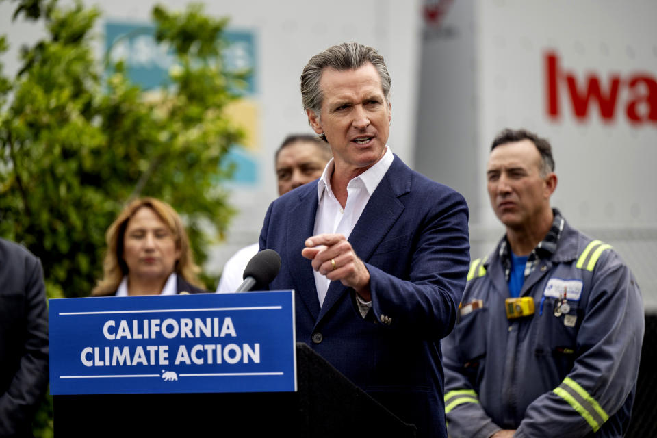 FILE - California Gov. Gavin Newsom speaks during a news conference in Paramount Calif., Monday, May 1, 2023. Late Monday, June 12, 2023, Newsom sparred with Fox News host Sean Hannity, insisting President Joe Biden is physically fit for a second term as president while refusing to say whether supporters have urged him to replace Biden on the 2024 ballot. (Hans Gutknecht/The Orange County Register via AP, File)