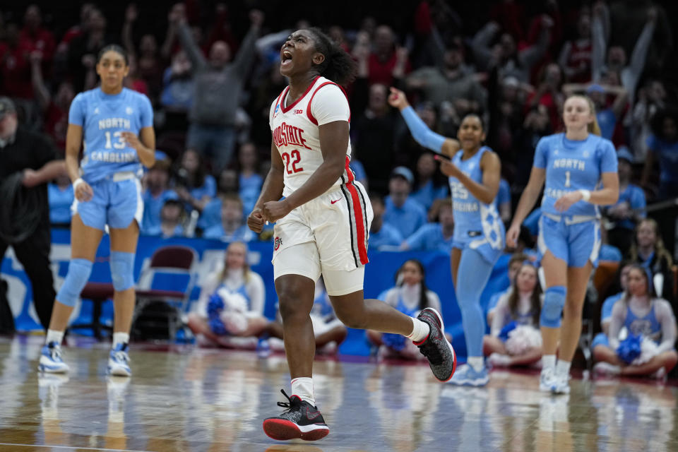 Ohio State forward Eboni Walker (22) celebrates as Ohio State defeated North Carolina in a second-round college basketball game in the women's NCAA Tournament in Columbus, Ohio, Monday, March 20, 2023. Ohio State defeated North Carolina 71-69. (AP Photo/Michael Conroy)