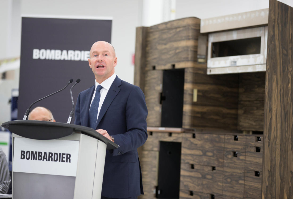 Alain Bellemare, President and CEO of Bombardier Inc., speaks during a news conference on the acceleration of Global 7000 business jet aircraft interior completion operations and the inauguration of the new Bombardier Centre of Excellence in Pointe-Claire, Quebec, Canada, November 17, 2017.  REUTERS/Christinne Muschi